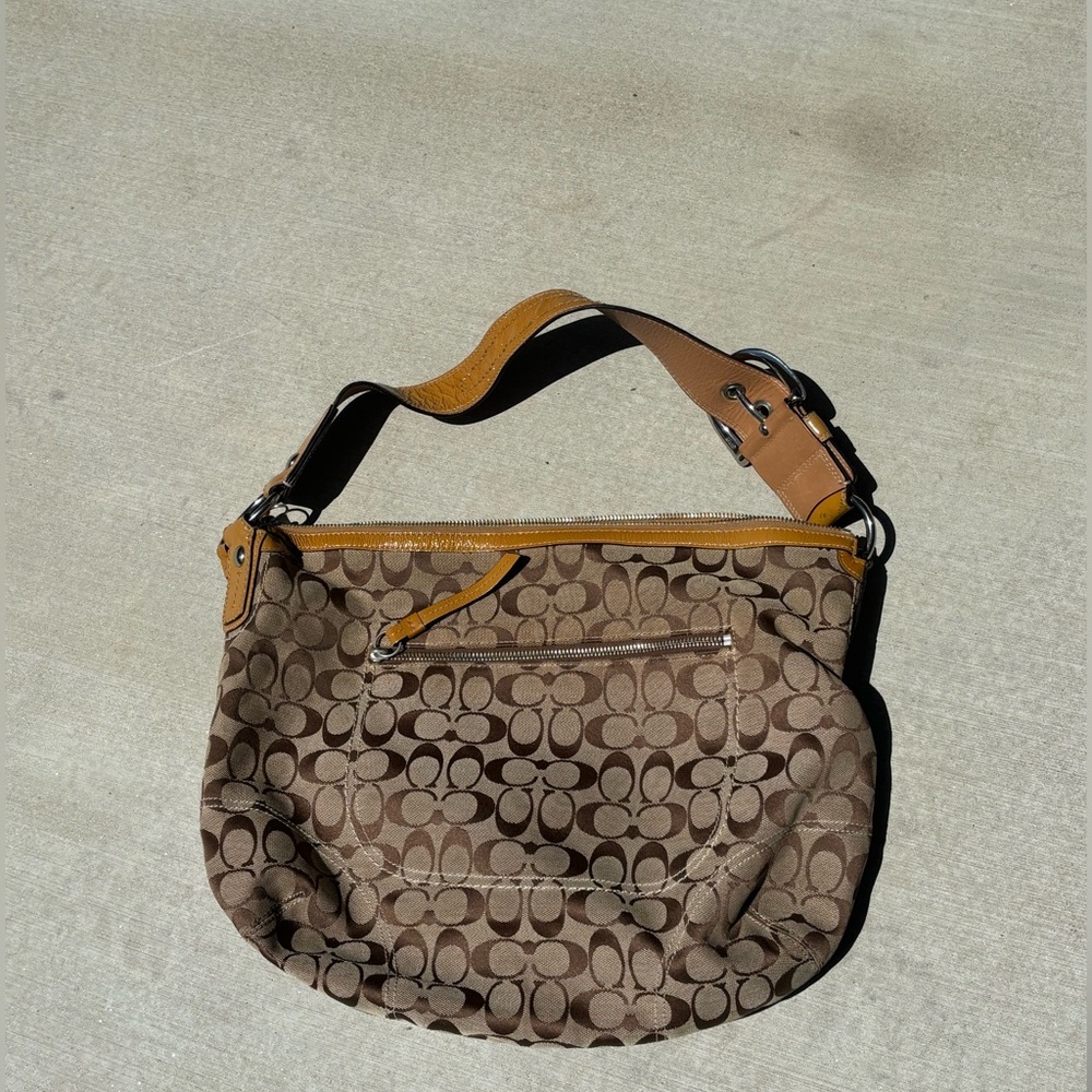 Coach Brown Signature Canvas Hobo Bag with Tan Trim